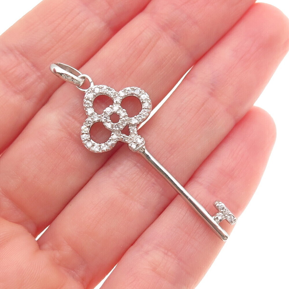 925 Sterling Silver Round-Cut C Z Club Key Charm Pendant